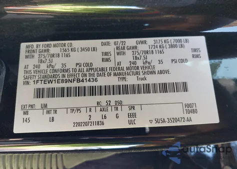 2022 Ford F-150 Tremor z USA, uszkodzony, nr VIN 1FTEW1E89NFB41436